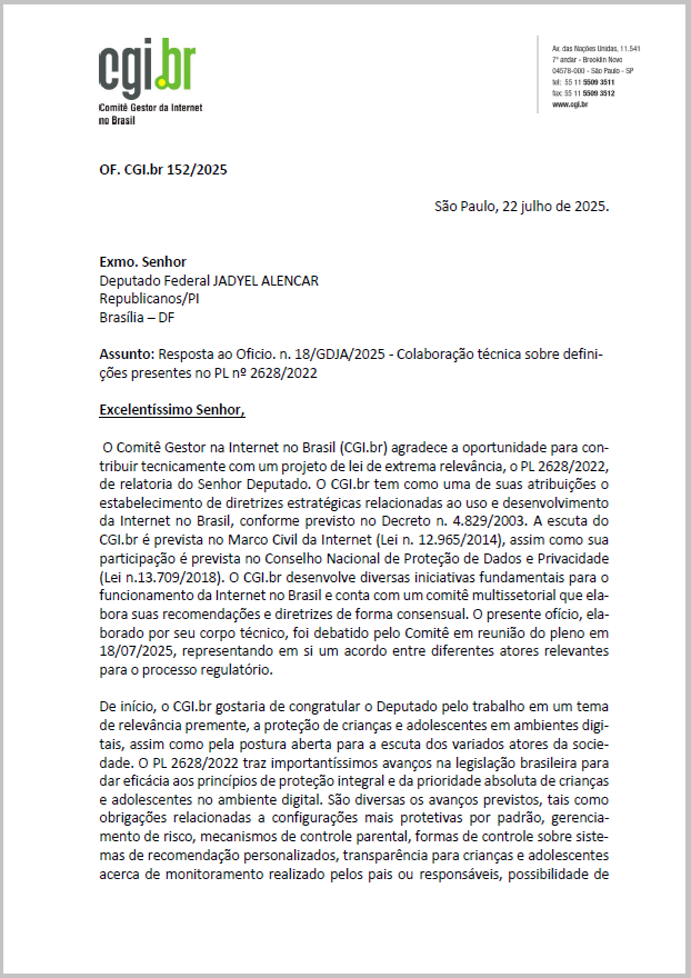 Resposta do CGI.br ao Oficio. n. 18/GDJA/2025 - Colaboração técnica sobre definições presentes no PL nº 2628/2022