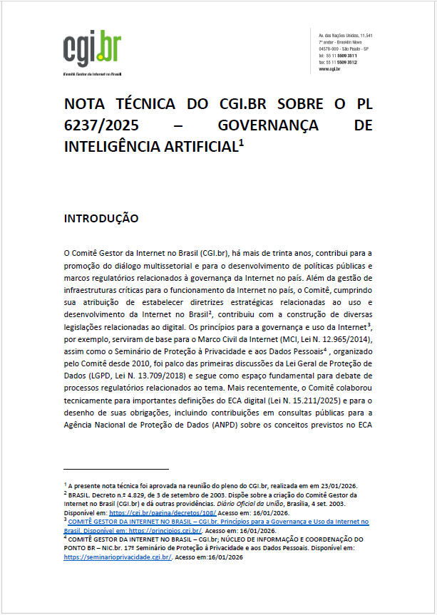 Nota Técnica do CGI.br sobre o PL 6.237/2025 - Governança de Inteligência Artificial