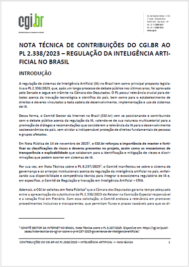 Nota Técnica do CGI.br sobre o PL 2.338/2023 - Regulação da Inteligência Artificial no Brasil