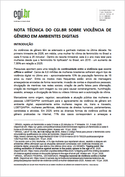 Nota Técnica do CGI.br sobre violência de gênero em ambientes digitais